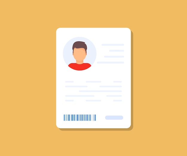 Icono de datos de información personal. icono de tarjeta de identificación. icono de datos de información personal. símbolo de detalles de la tarjeta de usuario o perfil, documento de identidad con foto y texto de la persona. conductor de automóvil, licencia de conducir, tarjeta de identificación