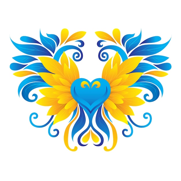 Icono decorativo con alas y corazón de color azul amarillo