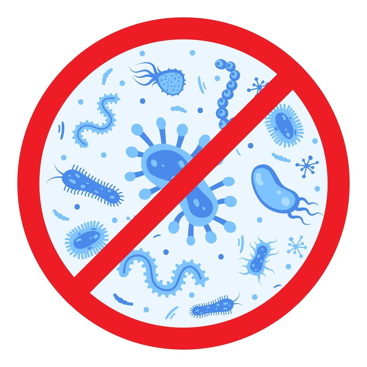 Vector icono de defensa antibacteriana detenga las bacterias y los virus señal de prohibición antiseptico varias bacterias