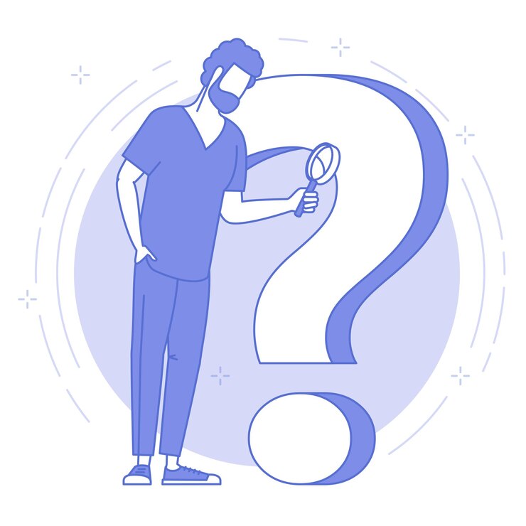 Vector icono de delgada línea azul de hombre joven con lupa y signo de interrogación.
