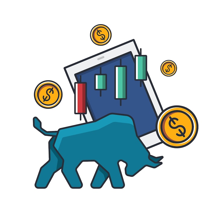 Vector icono delgado de color de colección del mercado alcista gráfico de tabletas de comercio dinero monedas concepto de negocios y finanzas ilustración vectorial