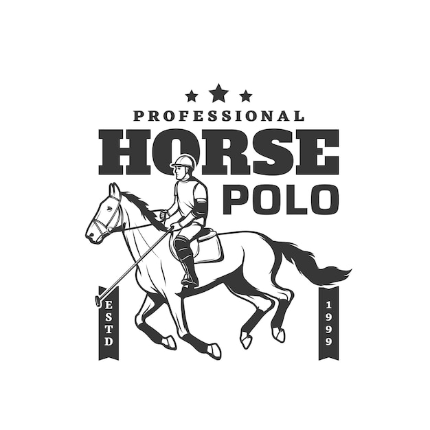 Icono del deporte de polo de caballos, club de equitación y entrenamiento de jinetes, vector de señal. juego de polo o deporte de jockey, carreras de caballos y torneos ecuestres de carreras de obstáculos en el hipódromo