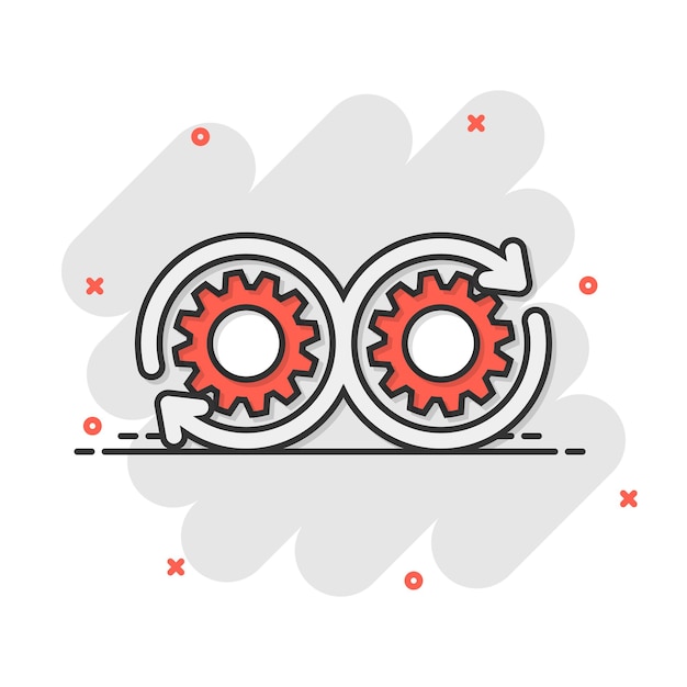 Icono de desarrollo en estilo cómico Ilustración de dibujos animados vectoriales Devops sobre fondo blanco aislado Cog con efecto de salpicadura de concepto de negocio de flecha