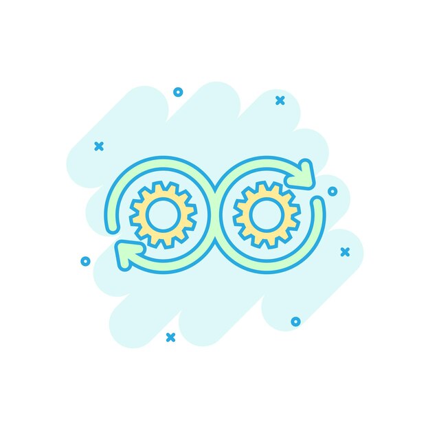 Icono de desarrollo en estilo cómico Ilustración de dibujos animados vectoriales Devops sobre fondo blanco aislado Cog con efecto de salpicadura de concepto de negocio de flecha