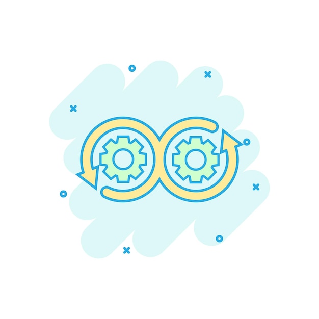 Icono de desarrollo en estilo cómico Ilustración de dibujos animados vectoriales Devops sobre fondo blanco aislado Cog con efecto de salpicadura de concepto de negocio de flecha