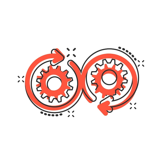 Icono de desarrollo en estilo cómico Ilustración de dibujos animados vectoriales Devops sobre fondo blanco aislado Cog con efecto de salpicadura de concepto de negocio de flecha