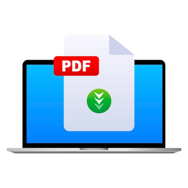 Icono de descarga de archivo PDF con marca de comprobación en la pantalla del portátil Concepto de descarga del documento Ilustración vectorial