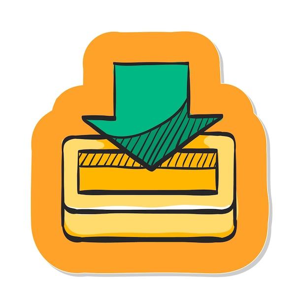 Icono de descarga dibujado a mano en la ilustración de vector de estilo de etiqueta