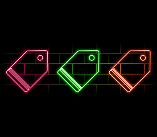 Icono de descuento de neón Etiqueta de descuento en neón brillante con signo porcentual Venta de productos en colores vivos Precio bajo