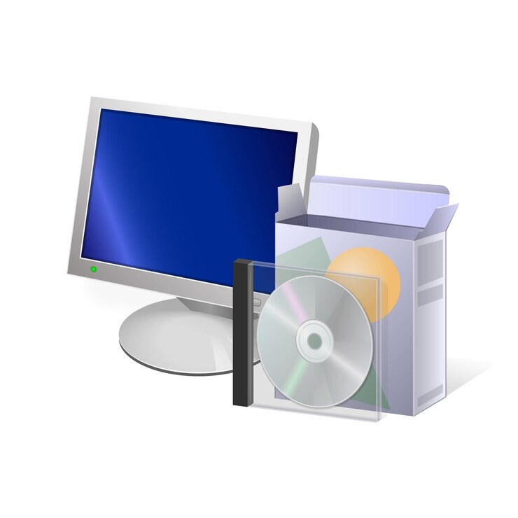 Vector icono de desempaquetado de archivos computadora de disco compacto y caja de cartón