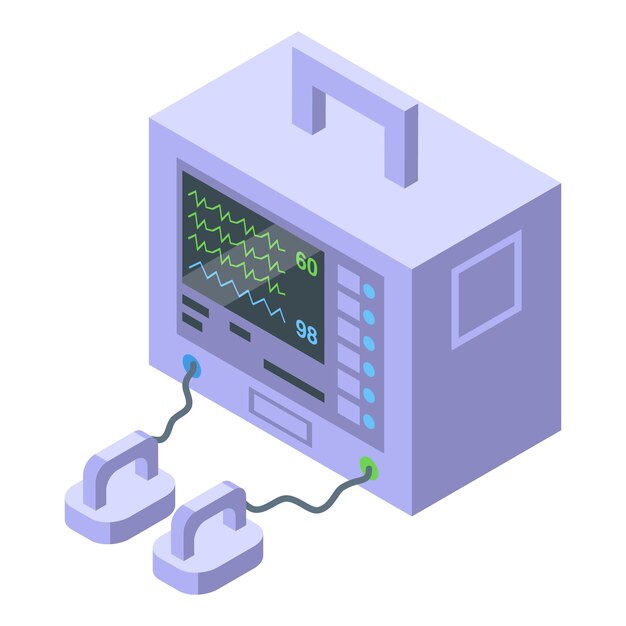 Icono de desfibrilador de arritmia vector isométrico Dispositivo marcapasos Emergencia cardíaca