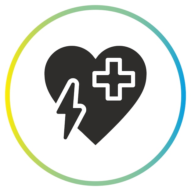 icono del desfibrilador de emergencia cruz médica con corazón y flash símbolo de línea delgada