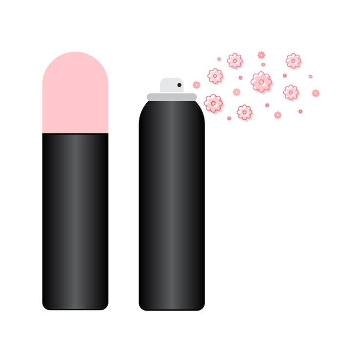 Vector ícono de desodorante femenino con fragancia floral en una botella cosmética de aluminio