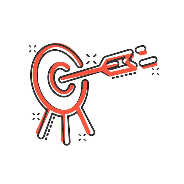 Icono de destino en estilo cómic Ilustración de vector de dibujos animados de juego de dardos sobre fondo blanco aislado Concepto de negocio de efecto de salpicadura de flecha de objetivo