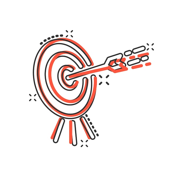 Icono de destino en estilo cómic Ilustración de vector de dibujos animados de juego de dardos sobre fondo blanco aislado Concepto de negocio de efecto de salpicadura de flecha de objetivo