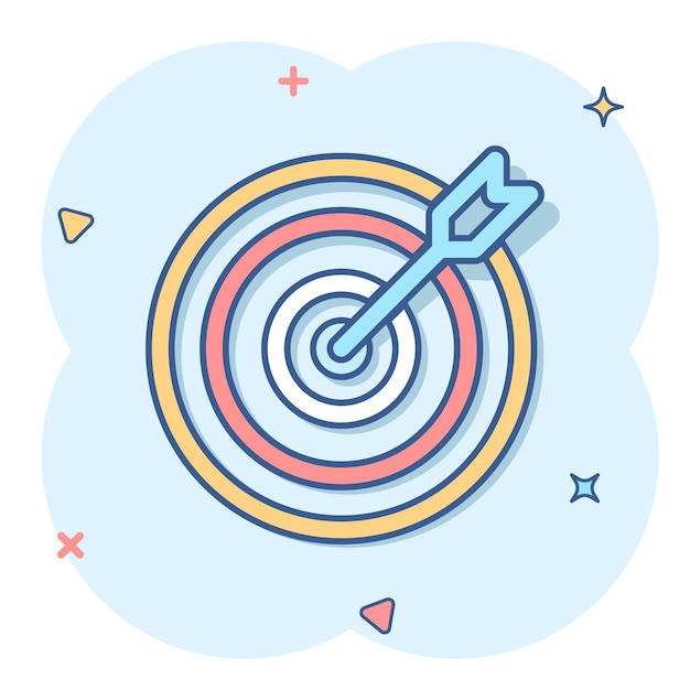 Icono de destino en estilo cómic Ilustración de vector de dibujos animados de juego de dardos sobre fondo blanco aislado Concepto de negocio de efecto de salpicadura de flecha de objetivo
