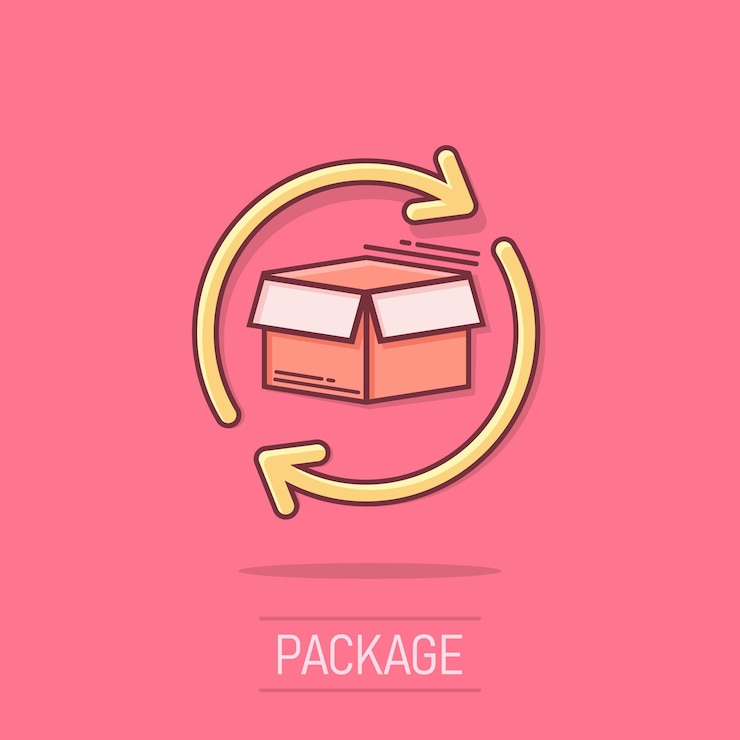 Vector icono de devolución del paquete de caja de dibujos animados vectorial en estilo cómic caja de entrega con ilustración de concepto de flecha pictograma concepto de efecto de salpicaduras de negocio de envío de carga