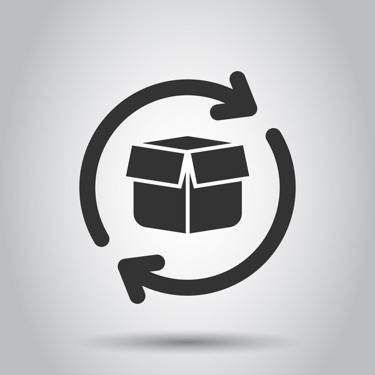 Vector icono de devolución de paquetes de caja en estilo plano caja de entrega con ilustración de flecha en fondo blanco concepto de negocio de envío de carga