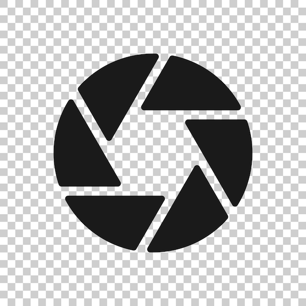 Icono del diafragma de la cámara en estilo plano Ilustración vectorial del signo de la lente en un fondo blanco aislado Concepto de negocio de fotografía instantánea