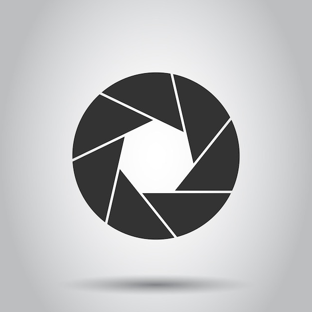 Icono del diafragma de la cámara en estilo plano Ilustración vectorial del signo de la lente en un fondo blanco aislado Concepto de negocio de fotografía instantánea