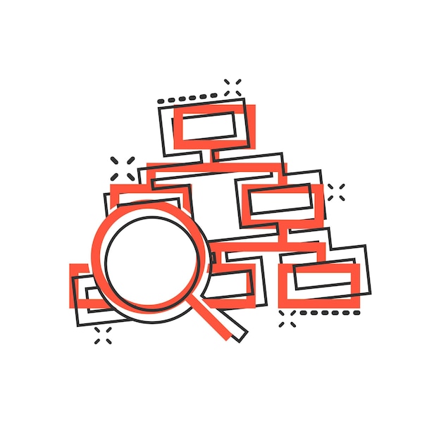 Ícono de diagrama jerárquico en estilo cómico Búsqueda de estructura Ilustración vectorial de dibujos animados en fondo blanco aislado Flujo de trabajo de organización Efecto de salpicaduras Concepto de negocio
