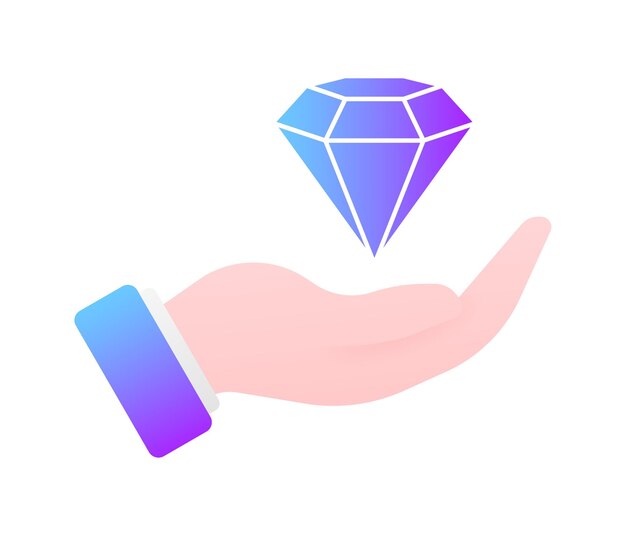 Icono de diamante en la mano Icono de regalo de diamante púrpura plano en la mano Ilustración vectorial