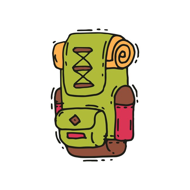 Icono dibujado a mano de una gran mochila verde con alfombra turística enrollada Bolsa de senderismo para aventureros Equipo de viajero Tema de camping Ilustración vectorial colorida en estilo doodle aislado en fondo blanco