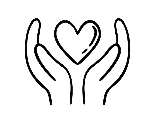 icono dibujado a mano con la mano sosteniendo el corazón dibujo de amor y cuidado línea clipart símbolo