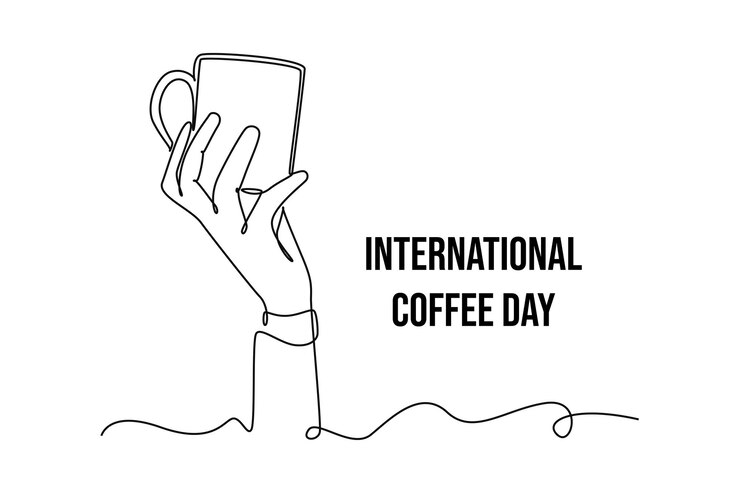 Vector icono de dibujo de línea continua simple día internacional del café pancarta e icono imagen de la mano sosteniendo una taza de café línea sencilla día internacional del café concepto minimalista
