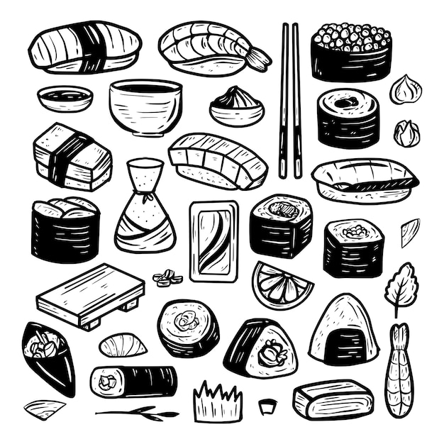 Icono de dibujo real doodle bocetos colección de set de comida de sushi