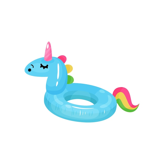 Icono de dibujos animados de anillo de goma para nadar en forma de unicornio azul con cola colorida Juguete de círculo inflable para la diversión de los niños en la piscina Accesorio de playa Diseño de vector plano