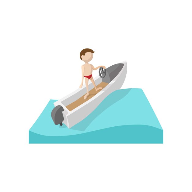 Icono de dibujos animados de barco de carreras sobre un fondo blanco