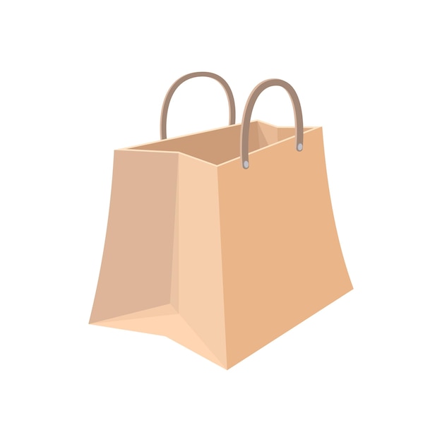Icono de dibujos animados de bolsa de compras de papel sobre un fondo blanco