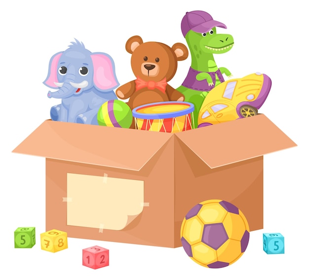 Vector icono de dibujos animados de caja de juguetes contenedor de equipo de juego para niños