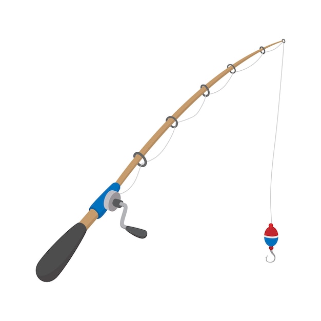 Vector icono de dibujos animados de caña de pescar equipo de mochilero símbolo único en un blanco sobre blanco