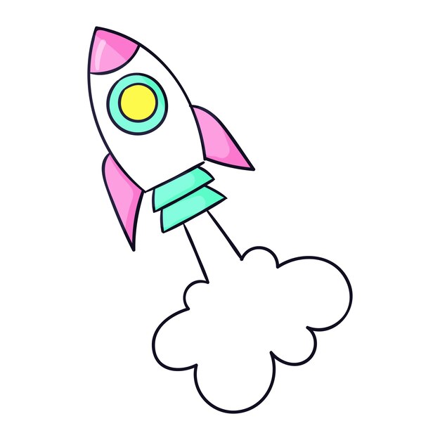 Icono de dibujos animados de cohete volando en el espacio Ilustración en blanco
