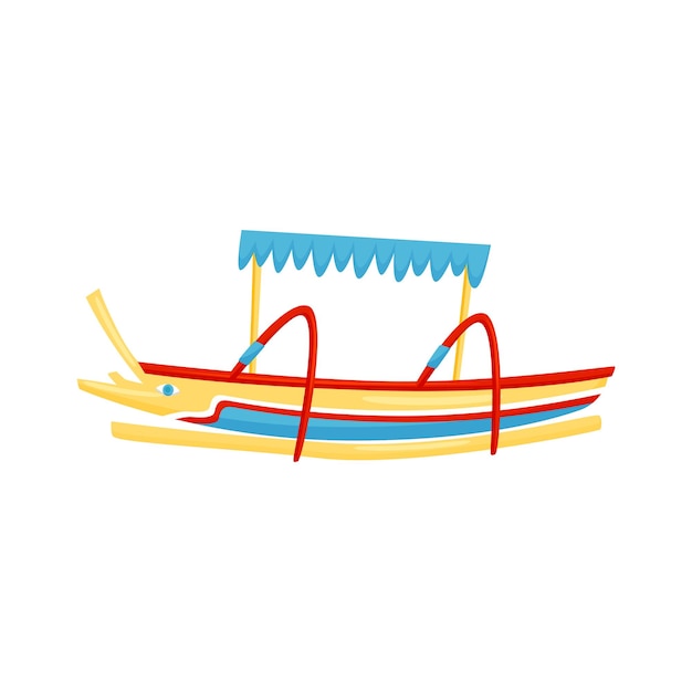 Icono de dibujos animados de colorido jukung balinés Barco de pesca tradicional de Bali Pequeña canoa indonesia de madera Vehículo marino Diseño gráfico para cartel de viaje Ilustración vectorial aislada en estilo plano