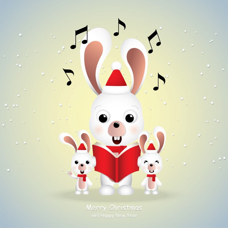 Vector icono de dibujos animados, conejos lindos cantando feliz navidad.