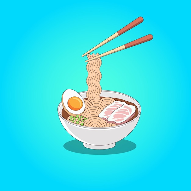 Icono de dibujos animados de fideos Ramen con ilustrado vectorial de palillos