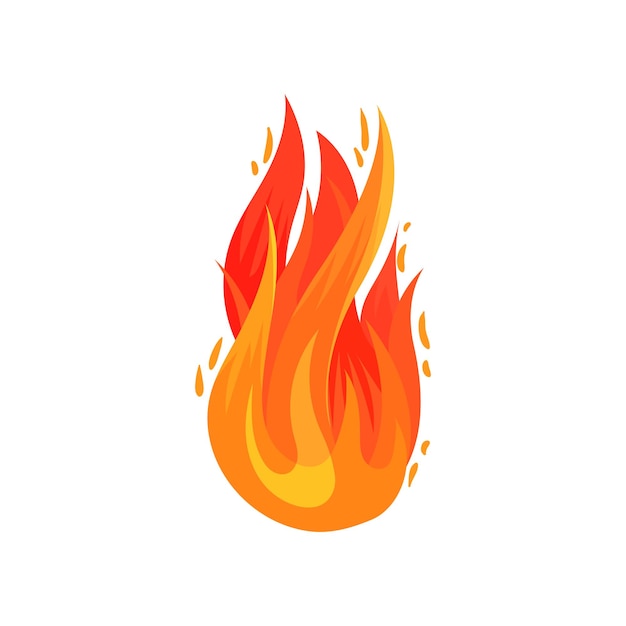 Icono de dibujos animados de fuego rojo naranja brillante en estilo plano llama ardiente caliente elemento de vector plano para publicidad cartel volante