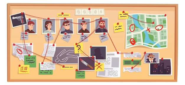 Icono de dibujos animados de la junta de investigación del crimen Investigación de evidencia Ilustración vectorial
