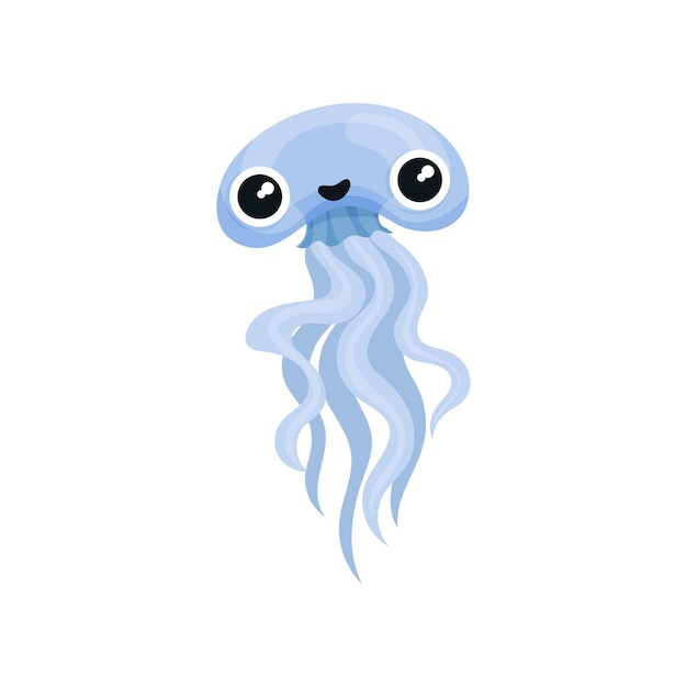 Icono de dibujos animados de medusas azules con grandes ojos brillantes Animales marinos adorables con largos tentáculos Tema de vida submarina Elemento gráfico para postales o libros para niños Ilustración vectorial plana aislada