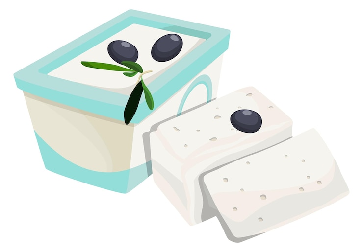 Vector icono de dibujos animados de paquete de caja de plástico de queso griego