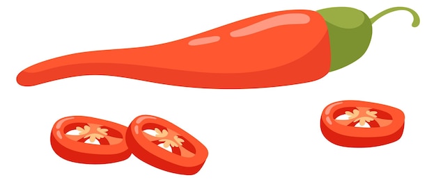 Icono de dibujos animados de pimienta roja Vegetales enteros y rebanadas