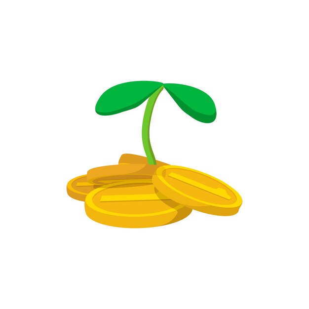 Icono de dibujos animados de plantas y monedas Brote con monedas Símbolo de caridad en un fondo blanco