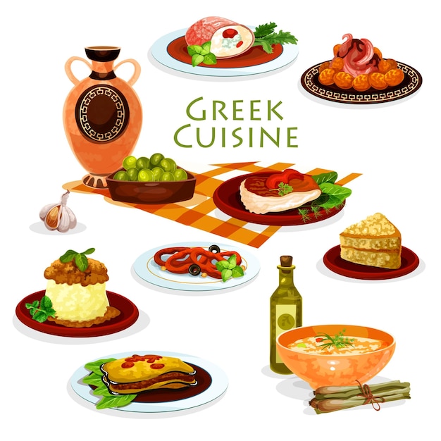 Icono de dibujos animados de platos de almuerzo saludable de cocina griega