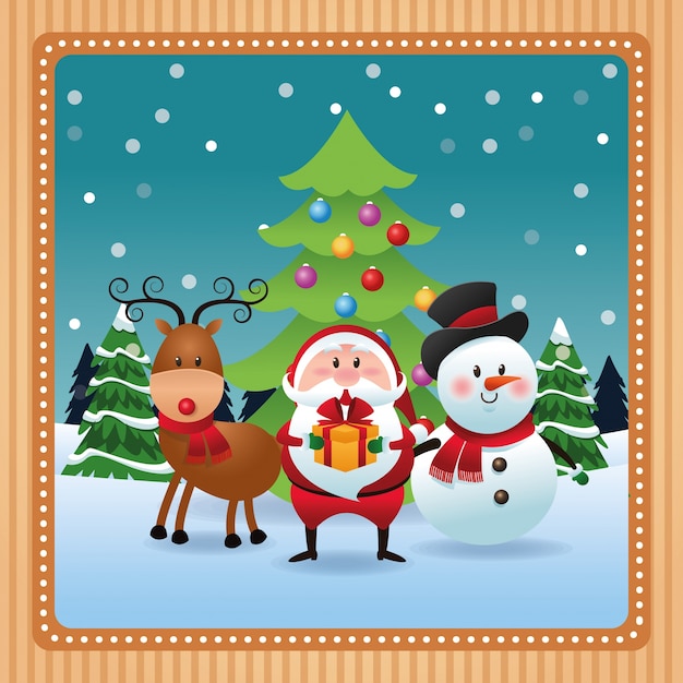 Icono de dibujos animados Santa muñeco de nieve y ciervos