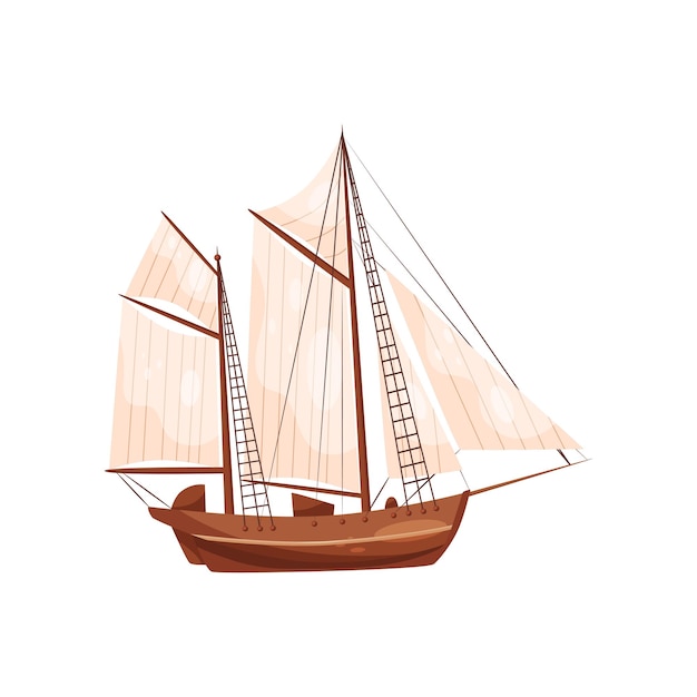 Icono de dibujos animados de un viejo barco de madera con grandes velas beige Buque de vela Nave de mar Elemento gráfico para póster o juego móvil Ilustración vectorial colorida en estilo plano aislada sobre fondo blanco