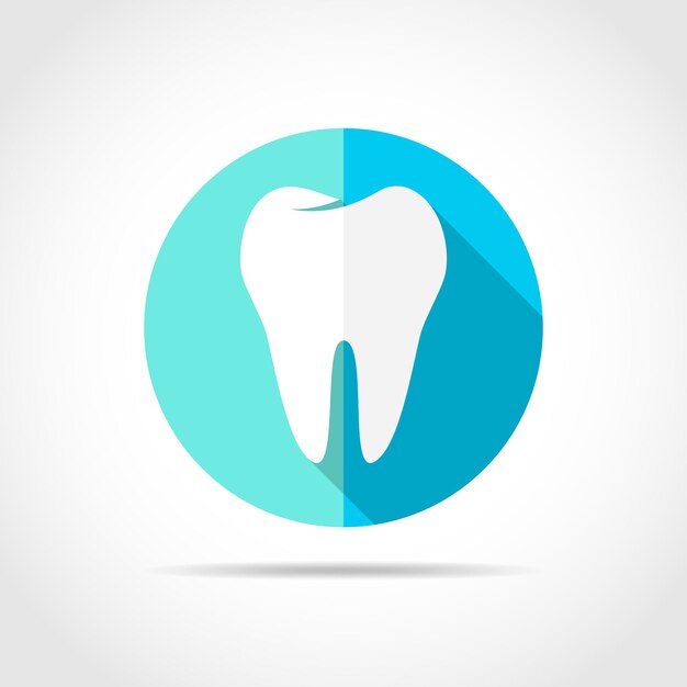 Icono de diente blanco en diseño plano con sombra larga. ilustración vectorial Icono de diente simple en el botón redondo azul.