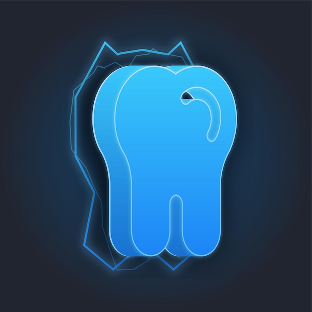 Icono de diente con fondo oscuro con efecto de trueno de iluminación azul